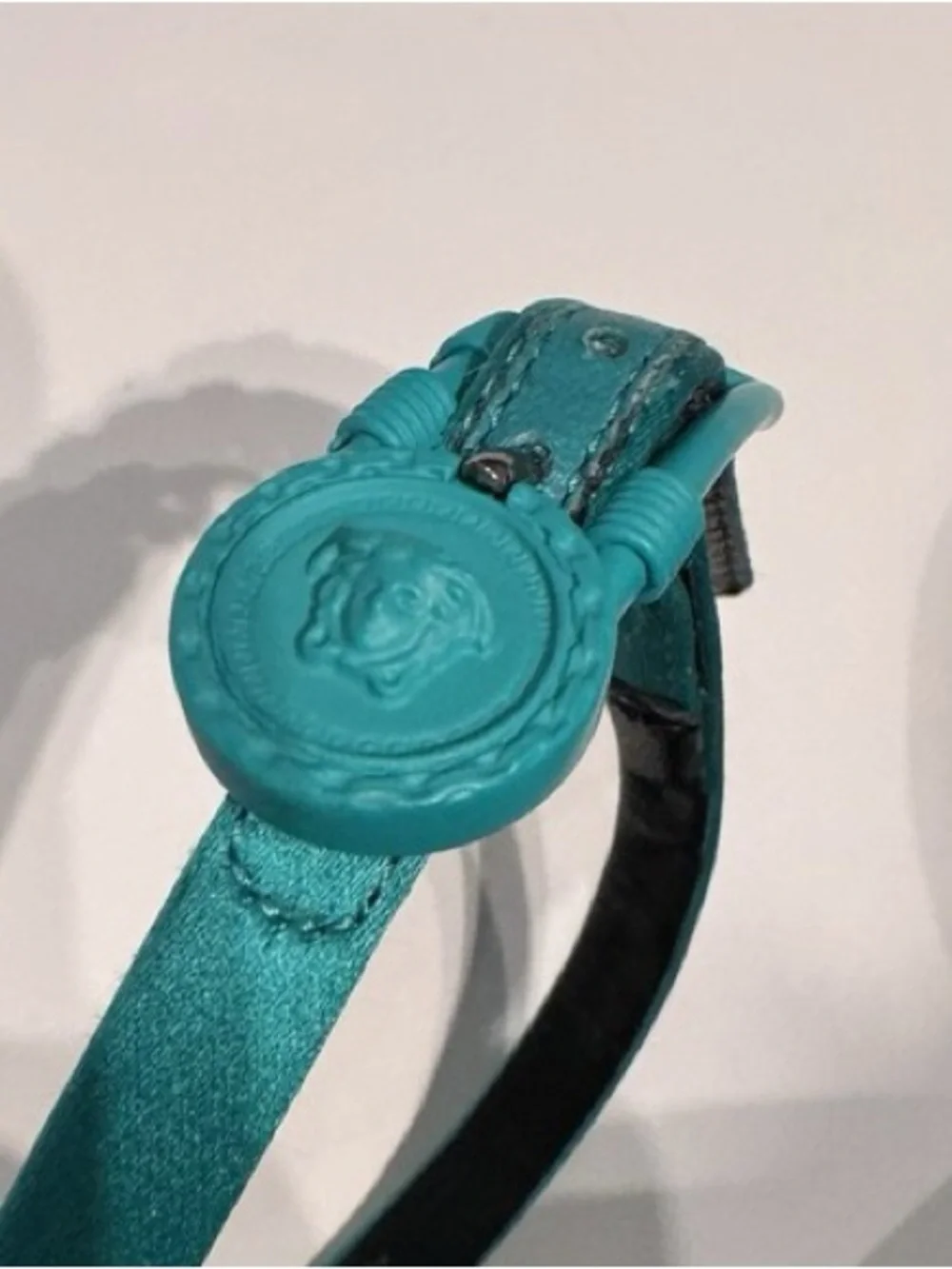 Versace Triplatform Sandal Medusa Safety Pin Buckle Emerald Satin & Leather